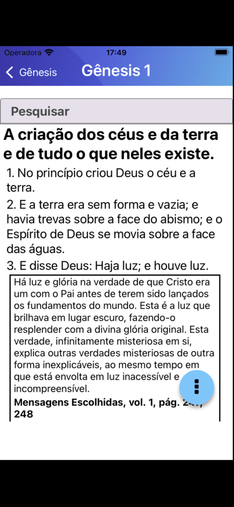 Bíblia Adventista de Estudos - Adventist Study Bible interface showing Genesis chapter 1 and Ellen White commentary in Portuguese