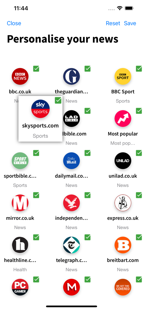 Personalize your news screen showing various UK news source icons with selection checkboxes