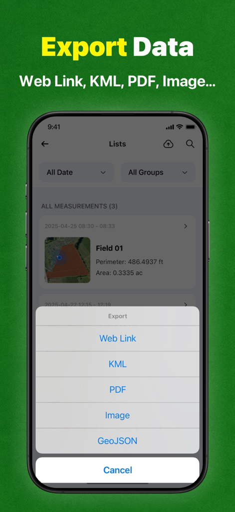 Tractor GPS Field Guidance PRO - Tractor GPS app interface showing export options for field data measurements including KML PDF and GeoJSON formats.
