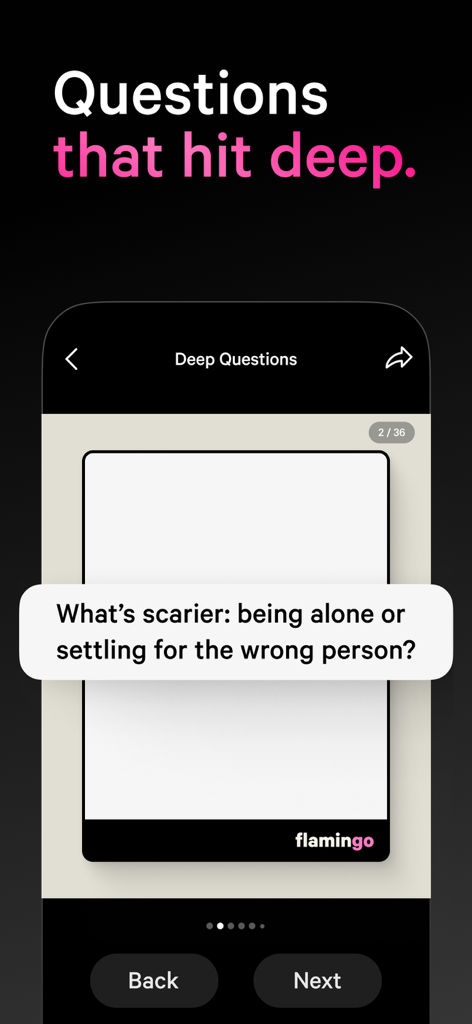 Smartphone screen showing a deep question card from the Flamingo Cards app about being alone versus settling.