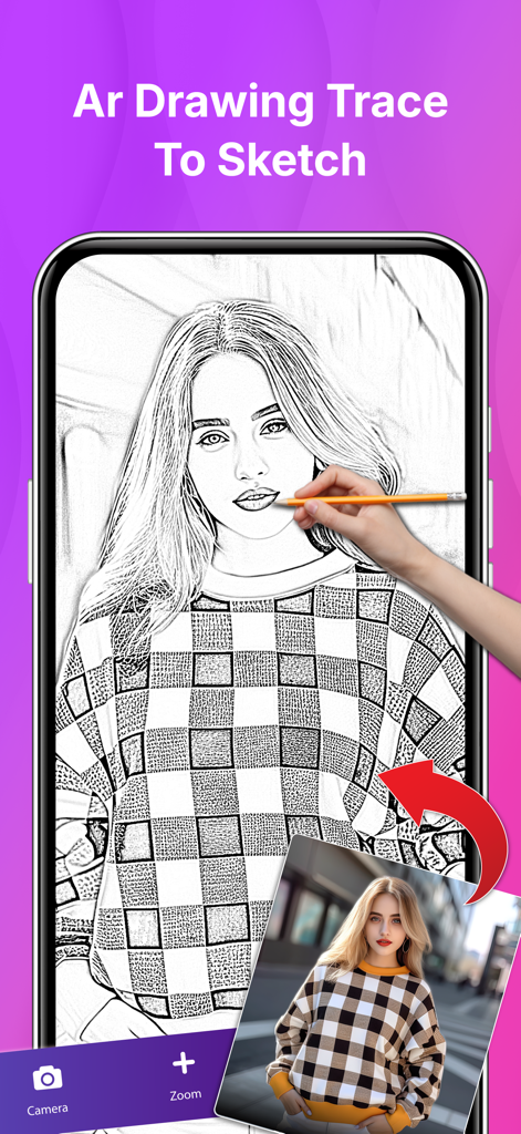 AR drawing app interface showing a sketch being traced from a photo portrait on a smartphone screen.