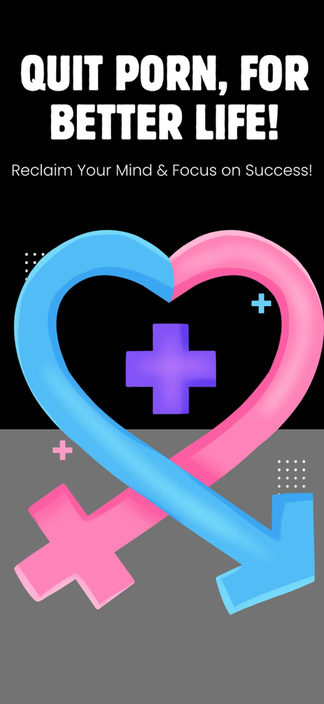 QUITPRN: Quit Porn Addiction - Werbegrafik für die QUITPRN-App mit dem Slogan 'Quit Porn for Better Life' und einem Herz aus männlichen und weiblichen Symbolen