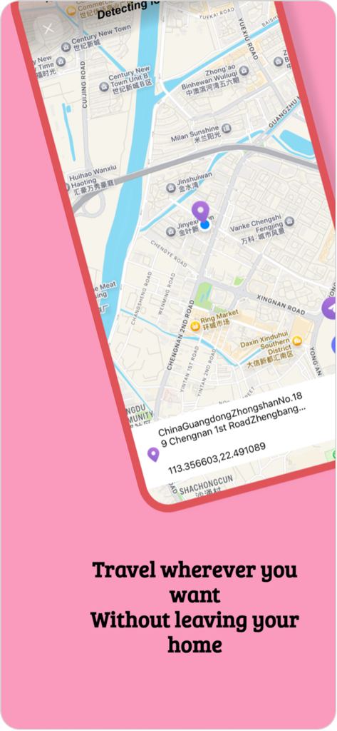 Map interface of FreeRoam app showing virtual travel location pins