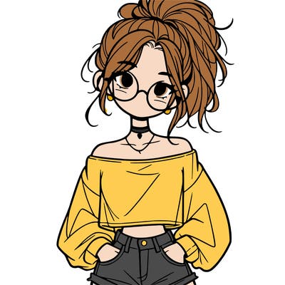 girl with a messy ponytail glasses a baggy crop top and jean shorts