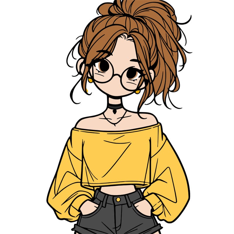 girl with a messy ponytail glasses a baggy crop top and jean shorts