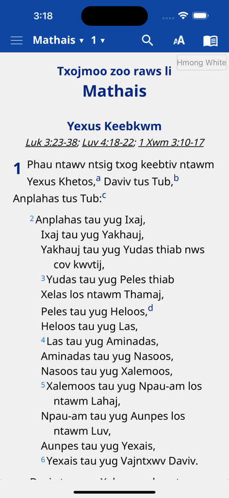 Hmong Bible - Interface de l'application Bible Hmong montrant l'Évangile de Matthieu chapitre 1 en dialecte Hmong Blanc.