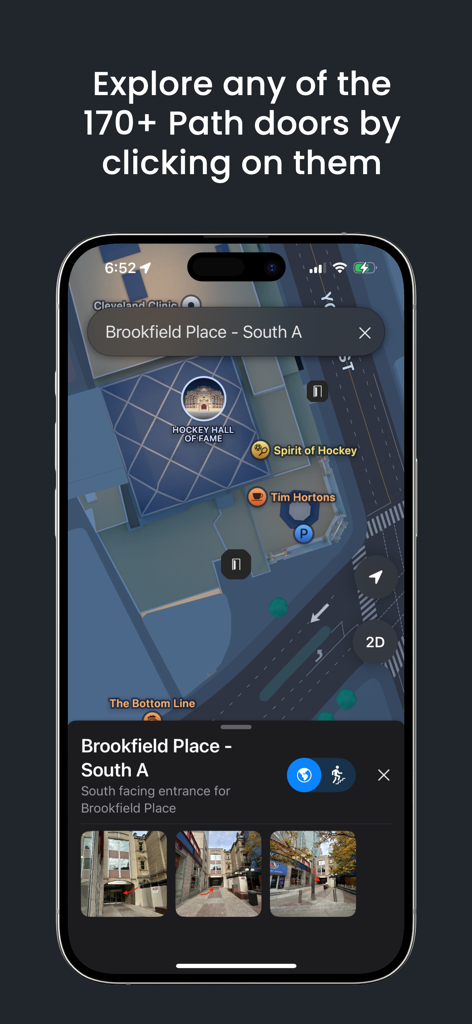 Toronto Path - Toronto Path app showing a 3D map and photos of a specific PATH entrance