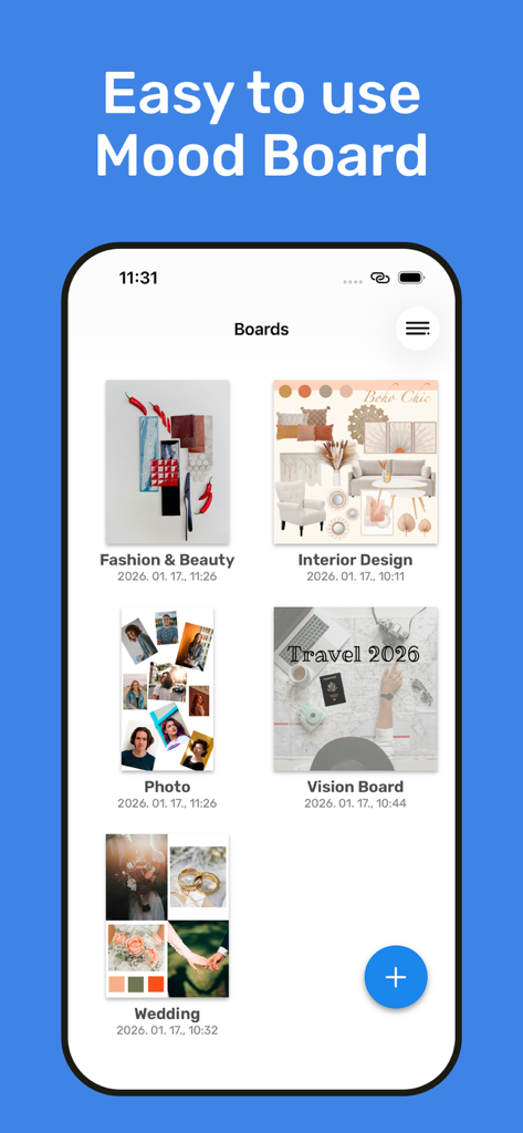 MoodBoard maker - Painel do aplicativo MoodBoard maker mostrando projetos criativos organizados, incluindo moda, design de interiores e vision boards.