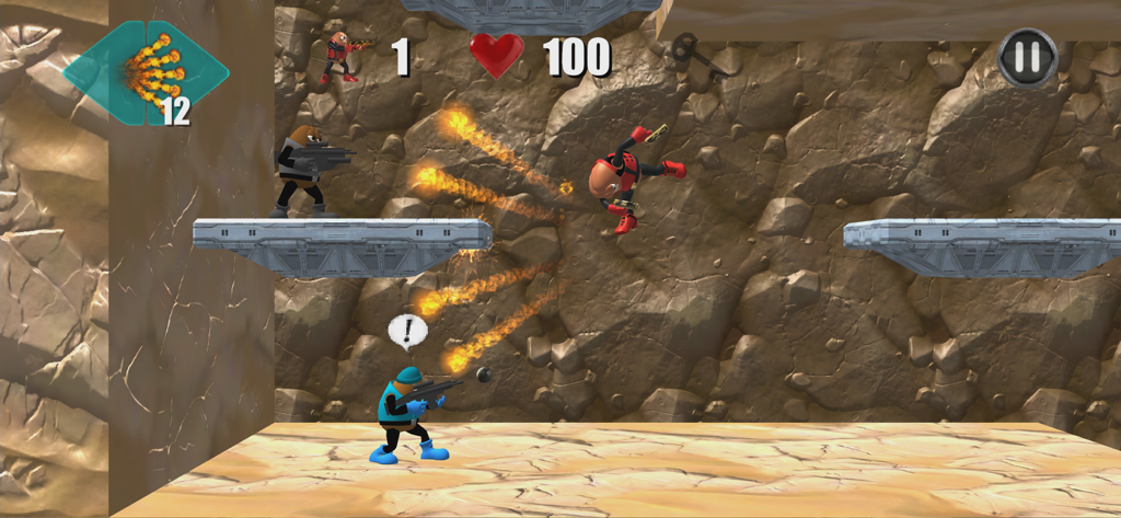 Killer Bean performing a mid-air jump while firing multi-shot fire projectiles at enemies in a platformer level