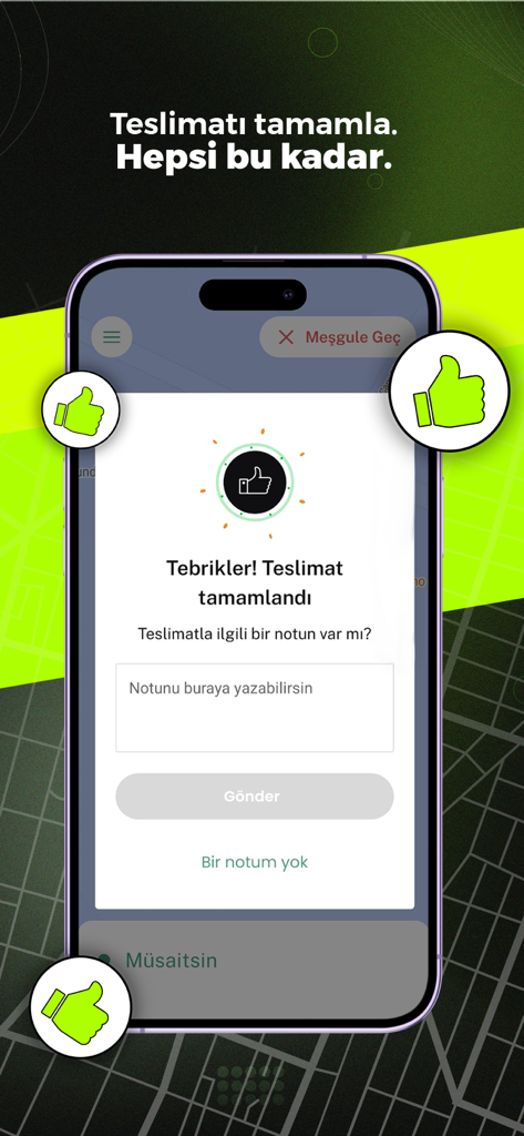 VigoKurye - VigoKurye mobile app interface showing a successful delivery confirmation screen with a note section and thumbs-up icons.