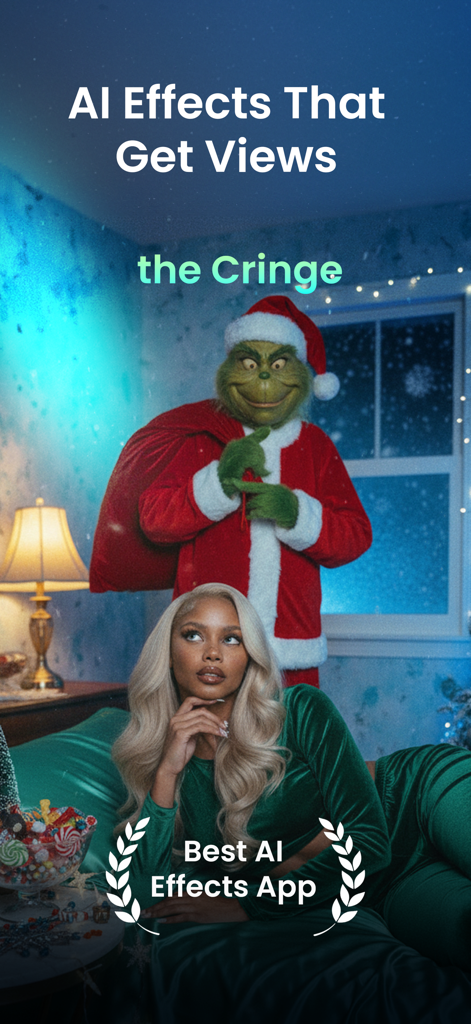 Una mujer y un personaje del Grinch en un entorno festivo demostrando un efecto de video viral con IA en la aplicación VideoMagic.