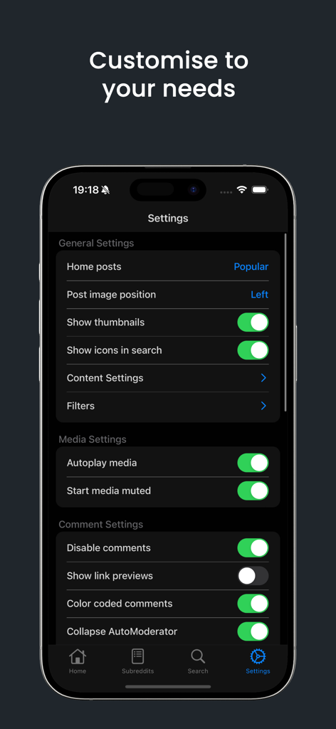 lurkur for reddit - Settings screen of the lurkur for reddit app showing customizable options for general content media and comments