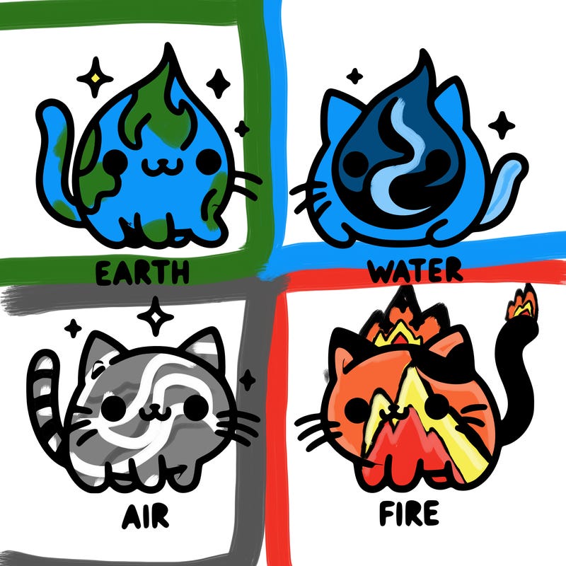 4 cats that represent the different elements, earth, water, air, and fire