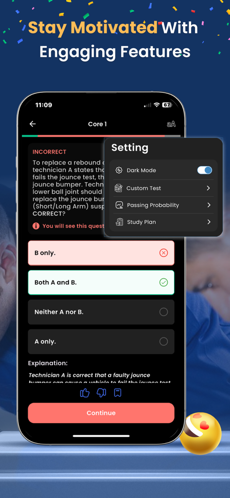 Smartphone showing ASE test prep practice question and study settings menu