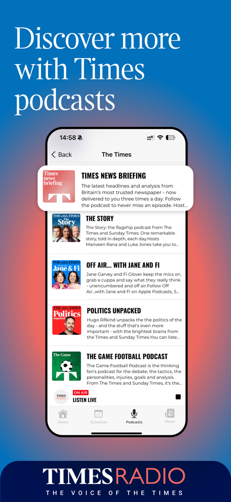 Times Radio - Listen Live - ニュースやスポーツの利用可能なポッドキャストのリストを表示するTimes Radioアプリのインターフェース