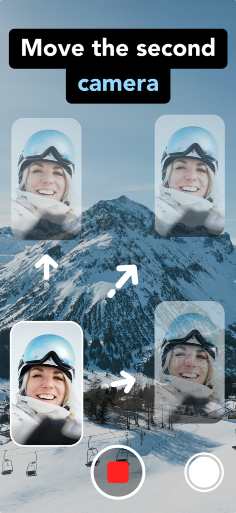 Interfaz que muestra la capacidad de mover la segunda ventana de la cámara mientras se graba un video dual de una montaña