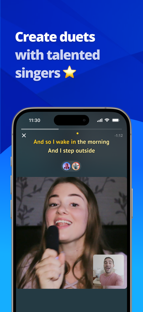 iSing: Sing & Record Karaoke - iSing app interface showing two people performing a karaoke duet with onscreen lyrics