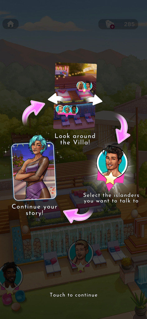 Love Island: The Game - Tela de tutorial do jogo mostrando como navegar pela villa e selecionar personagens para conversar em Love Island The Game.
