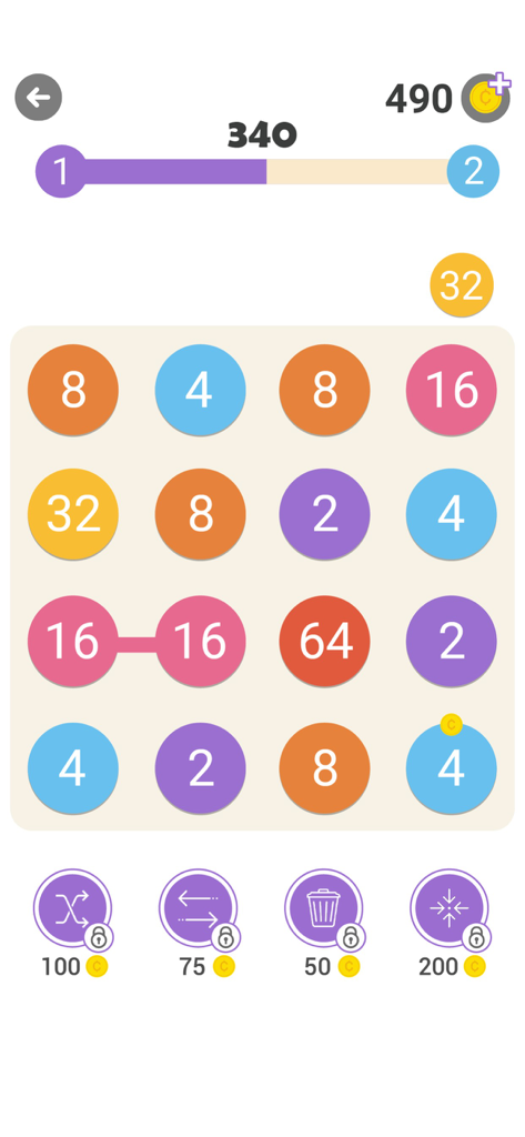 A 4x4 grid of colorful numbered circles in the 248 Number Connect mobile puzzle game showing two 16 dots connected