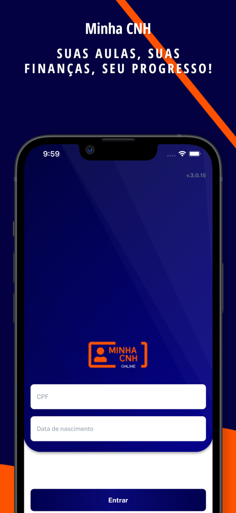 Anmeldebildschirm der Minha CNH Online App mit Feldern für CPF und Geburtsdatum