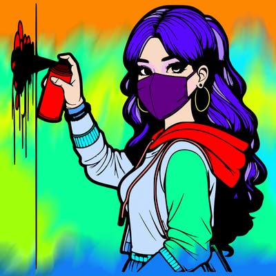 realistic girl with mask spray painting a wall