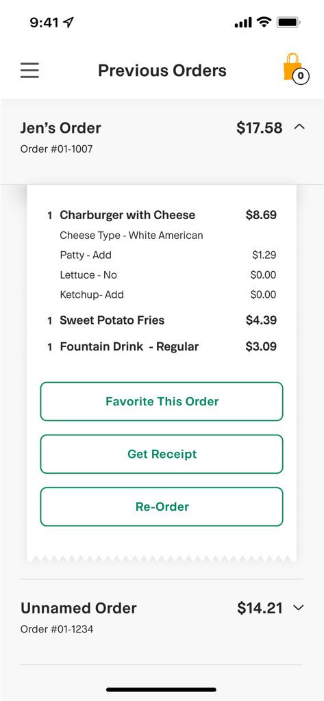 Habit Burger Grill app screen showing previous order details with options to favorite or reorder a customized charburger meal
