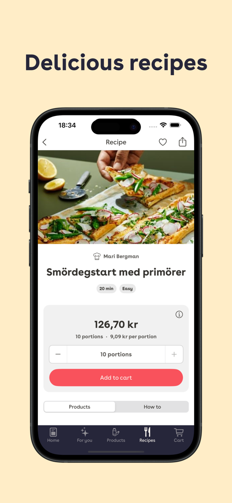Smartphone screen of the Mathem app showing a recipe with an integrated add to cart button for all ingredients.