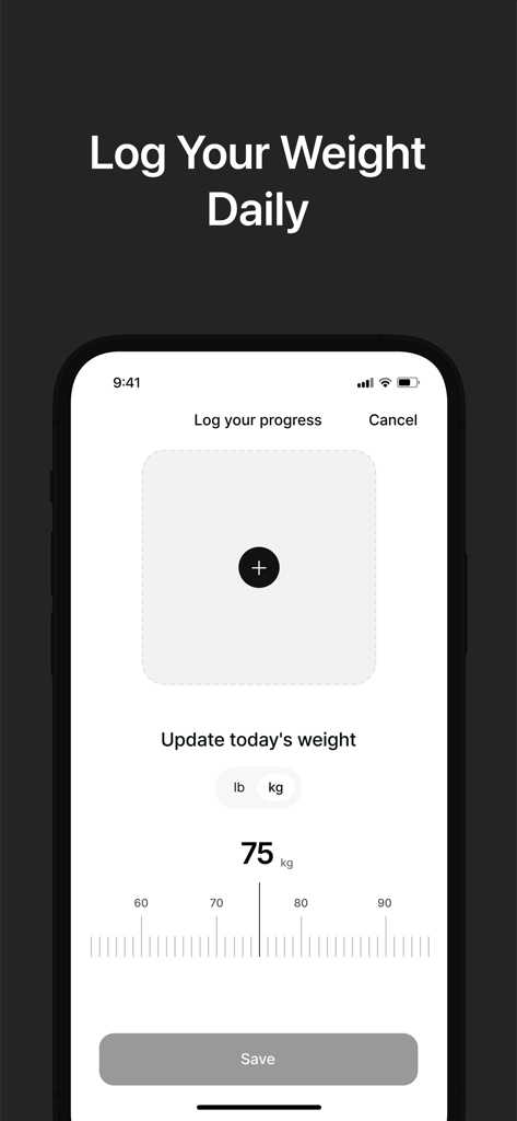 Jurney: Track Your Weight Loss - User interface for daily weight logging in the Jurney app featuring a scale slider and save button