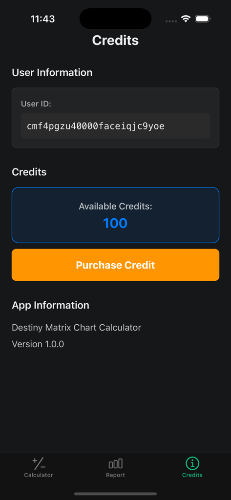 Destiny Matrix Chart Calculate - Interfaz de la aplicación Matriz del Destino que muestra los créditos disponibles y un botón para comprar más créditos