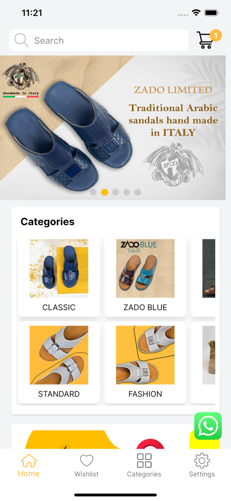 ZADO - Zado Mobile App Home-Bildschirm mit italienischen, in Arabien hergestellten Sandalen und Produktkategorien wie Classic und Fashion