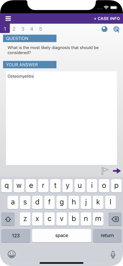 Family Medicine Study Guide - Short answer question interface in the Family Medicine Study Guide app with a diagnosis entry for Osteomyelitis