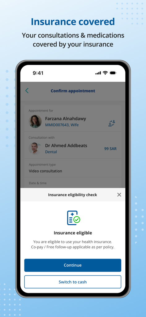 Nahdicare Clinics app interface showing an insurance eligibility check for a video consultation appointment.