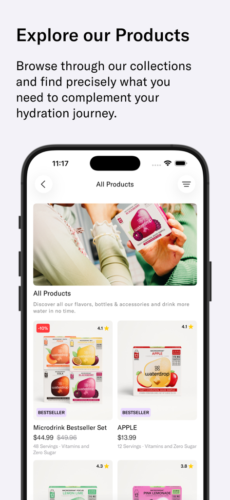 waterdrop® Shopping App - A mobile interface of the waterdrop shopping app displaying various microdrink flavor collections and product sets