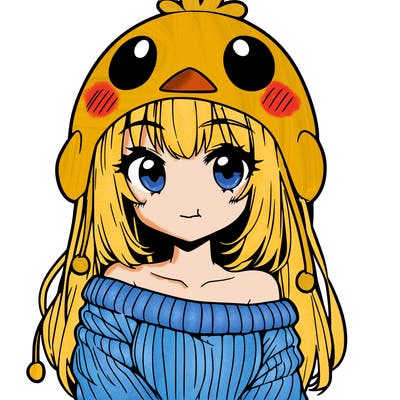 anime girl with chick shaped hat with sweater with bare shoulders with bangs covering them one eye with low tail