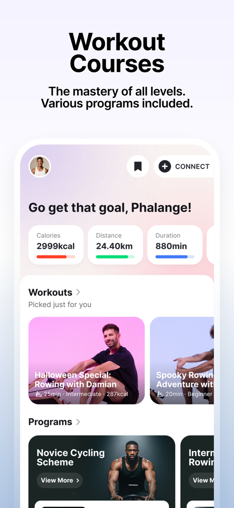 A mobile screen showing MERACH workout courses personal stats and training programs