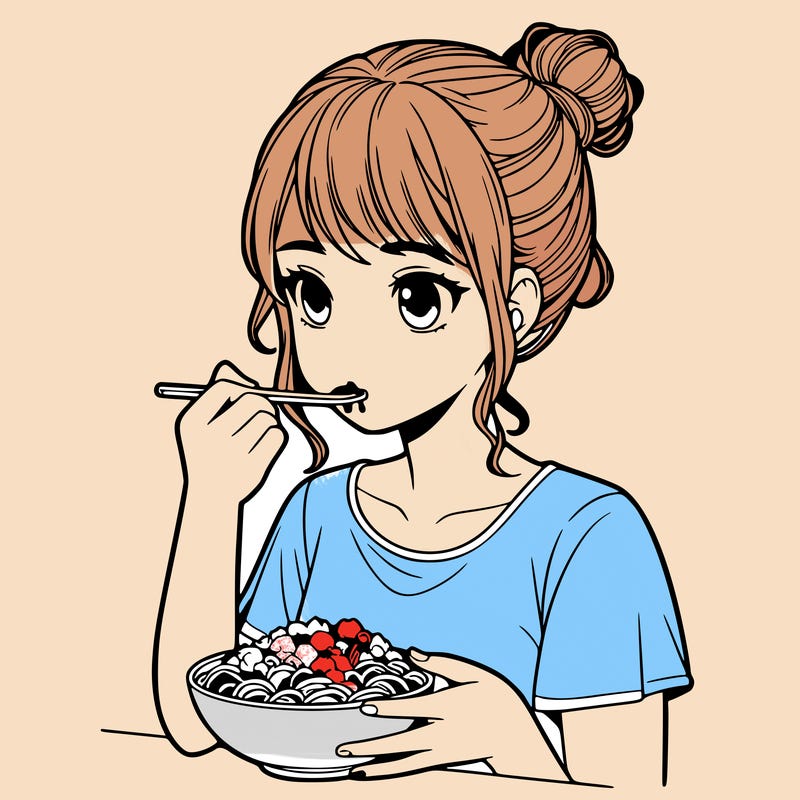 a realistic girl, eating food