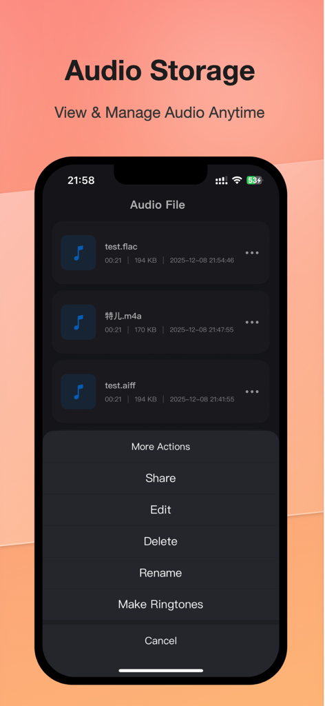 Audio Extractor &MP3 Converter - iPhone interface showing a list of extracted audio files and a menu with options to edit and make ringtones.