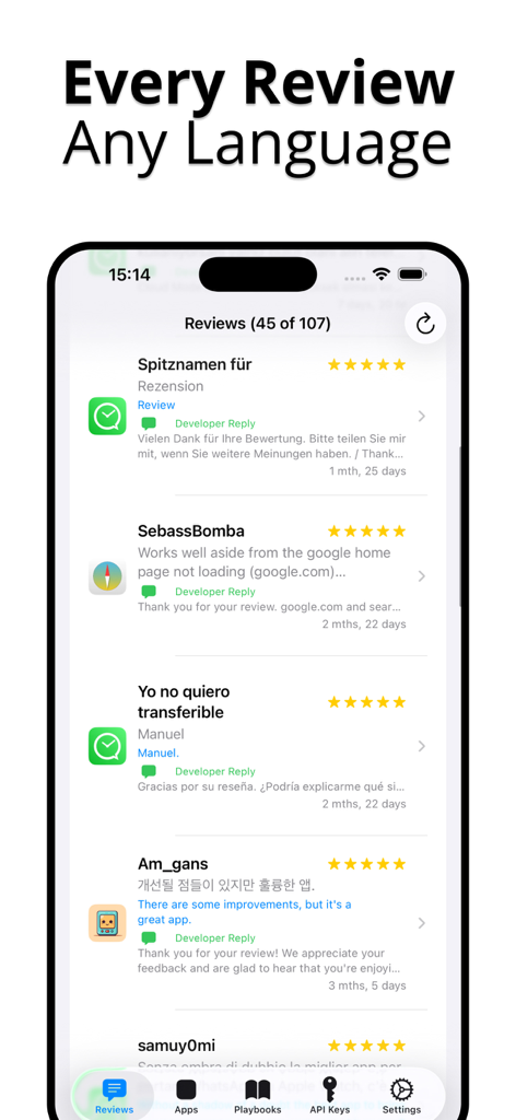 Review Agent: Reply to Apps - Review Agent dashboard showing app reviews in multiple languages with automatic translation and developer replies