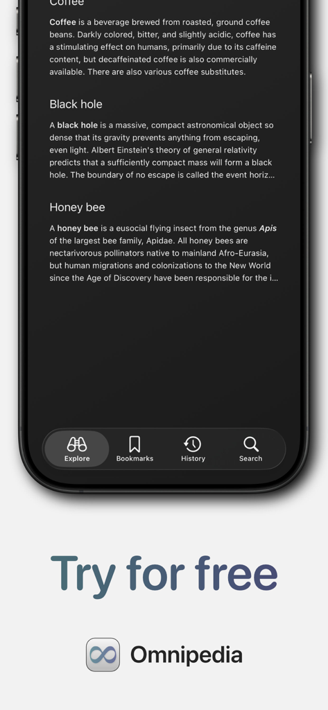 Omnipedia—Offline Encyclopedia - iPhone display of the Omnipedia offline encyclopedia app showing articles in dark mode