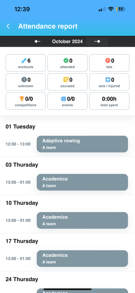 Sportlyzer Player - Attendance report dashboard in the Sportlyzer Player app showing training summary and monthly schedules