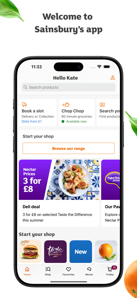 Sainsbury's Groceries app home screen featuring personalized greeting delivery slot booking and Nectar price offers