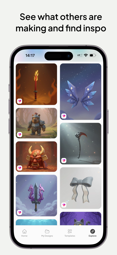 Écran Explorer de l'application Customuse affichant une galerie d'actifs et de skins de jeu 3D créés par la communauté.