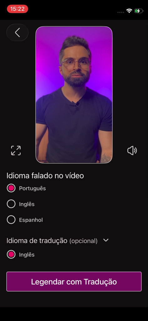 Legenda.ai - Bildschirm mit Sprüchauswahl- und Übersetzungsoptionen für Videountertitel.