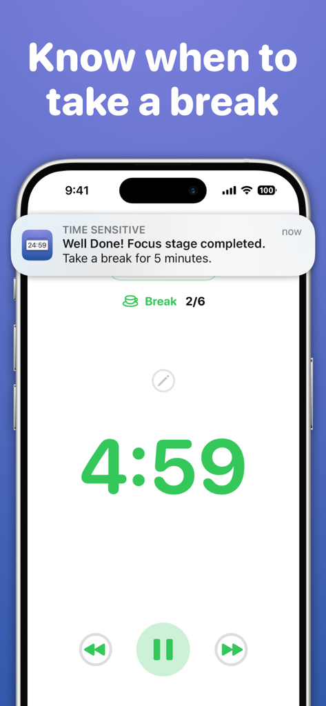 Focused Work - Pomodoro Timer - Écran d'iPhone montrant l'application Focused Work avec un minuteur de pause de cinq minutes et une notification indiquant que la phase de concentration est terminée