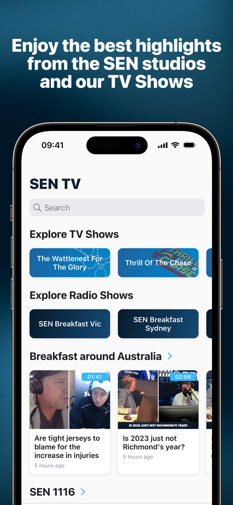 SEN Radio - Mobile app interface of SEN TV showing sports highlights, radio shows, and news videos from Australia.