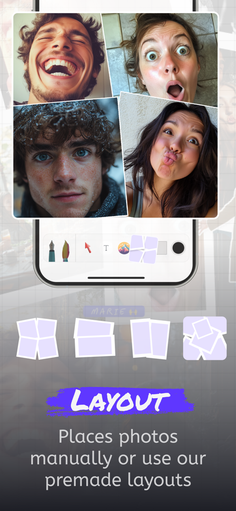 JamWall: Live collage - JamWall app screen showing a photo collage and layout selection tools