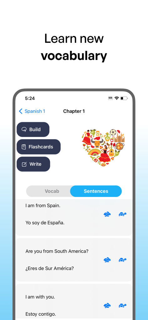 Polyglot: Learn New Languages - Interface do aplicativo Poliglota mostrando traduções de frases em espanhol e exercícios de vocabulário