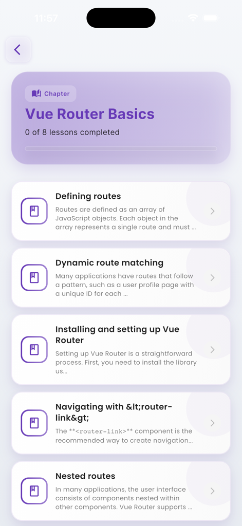 Learn Vue.js Complete Roadmap - Pantalla de aplicación móvil que muestra el capítulo de Fundamentos de Vue Router y su lista de lecciones asociadas.