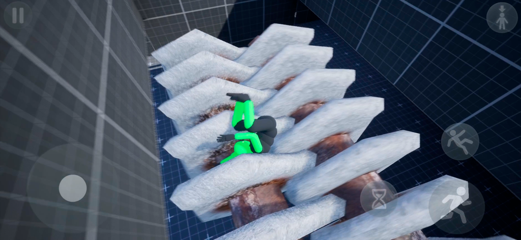 Green ragdoll character falling through a mechanical grinding machine in a physics sandbox environment