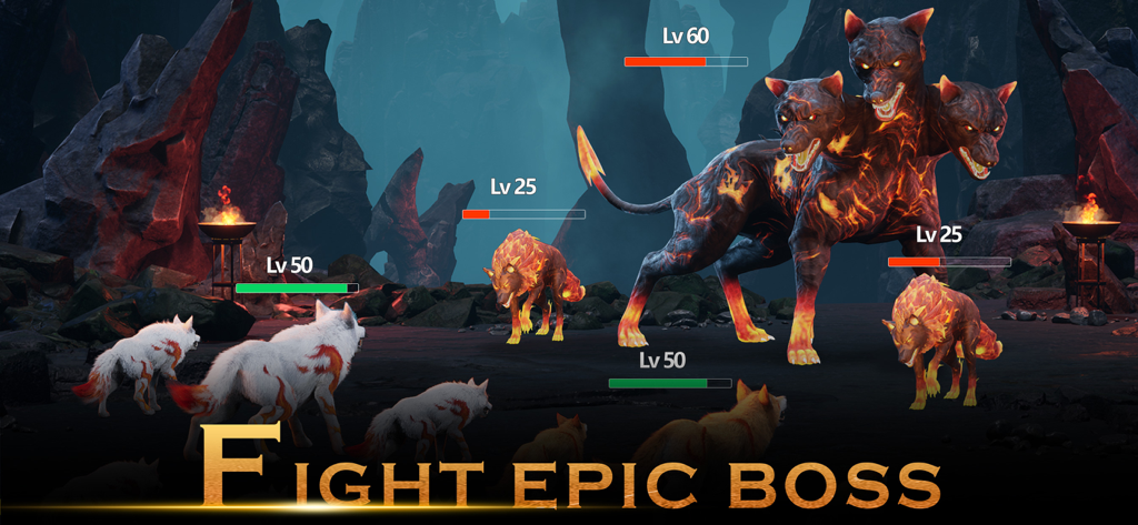 Wolf Game: Wild Animal Wars - A wolf pack attacking a giant three headed fire monster in a dark volcanic arena